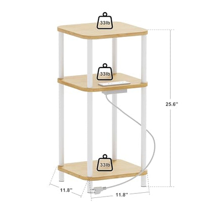 Bamboo End Table with Charging Station, Side Table for Small Space, Small Table Stand, Narrow Wooden Bedside Table Nightstand with Shelves, for Nursery, Living Room, Bedroom, Natural and White - color: Natural and White
