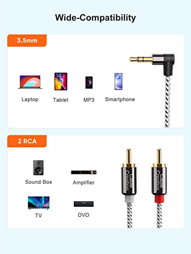 CableCreation 3.5mm to RCA Cable 10FT, Angle 3.5mm to 2RCA Audio Y Splitter | HiFi Sound, RCA to Aux Stereo Splitter for Smartphones, MP3, Tablets, Speakers, Echo Dot, Home Theater, HDTV, 3M - color: Black&White, size: 10FT
