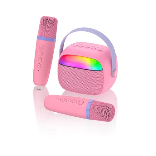 Mini Karaoke Machine with 2 Wireless Microphones for Kids Portable RGB Bluetooth Speaker Birthday Gift Toys for 3 4 5 6 7 8+ Year Old Girls Boys - color: Pink