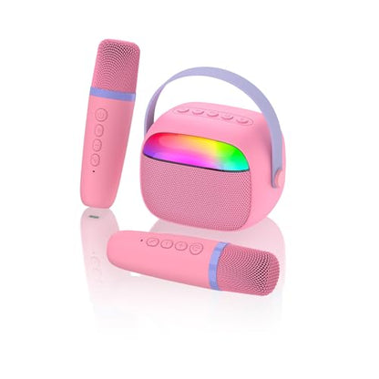 Mini Karaoke Machine with 2 Wireless Microphones for Kids Portable RGB Bluetooth Speaker Birthday Gift Toys for 3 4 5 6 7 8+ Year Old Girls Boys - color: Pink