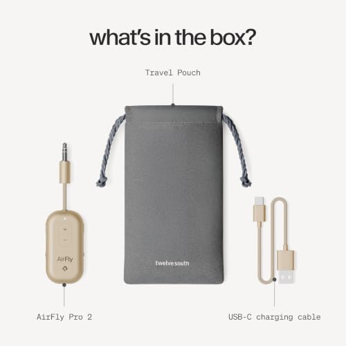 Twelve South AirFly Pro | Bluetooth Wireless Transmitter/Receiver Adapter for 2 Headphones, Audio Sharing, Compatible with 3.5mm aux Jack for Airplanes, TV, Gym, Stereo, and Travel, Gold | Bluetooth Adapter for AirPods/Headphones, 20+ Hr Battery, Works wi