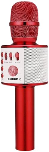 BONAOK Bluetooth Karaoke Microphone, Portable Mic for Adults Kids | Bluetooth 5.0, Echo Mode,Built-in Speaker, SD Card, for iPhone iPad, Handheld,Home Karaoke,Party,Gifts - color: Red