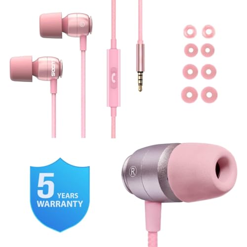 LUDOS Clamor Wired Earbuds in-Ear Headphones, 5 Years Warranty, Earphones with Microphone, Noise Isolating Ear Buds, Memory Foam for iPhone, Samsung, School Students, Kids, Women, Small Ears - Pink - color: Pink, style: 3.5 mm
