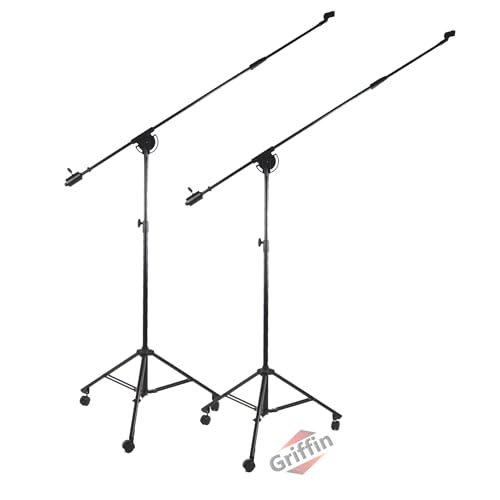 GRIFFIN Rolling Studio Mic Boom Stands with Wheels (Extended XHeight Edition) 2 Pack – 11FT Telescoping Arm, Tripod Base with Casters & Mic Holder for Overhead Recording - size: 2 Pack