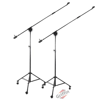 GRIFFIN Rolling Studio Mic Boom Stands with Wheels (Extended XHeight Edition) 2 Pack – 11FT Telescoping Arm, Tripod Base with Casters & Mic Holder for Overhead Recording - size: 2 Pack