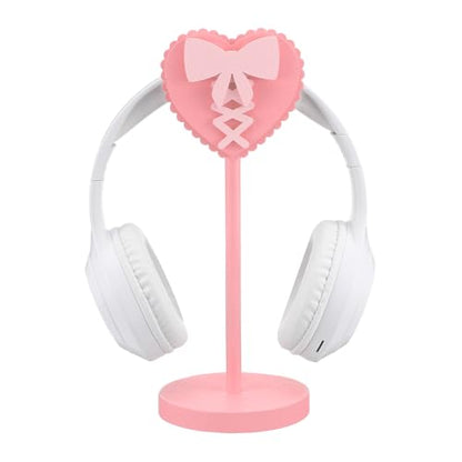 Kingdder Pink Heart Bow Headphone Stand Cute Wood Headphone Stand Holder | Decorative Desk Accessory for Gamer Room Office, Adorable Headphone Organizer, Gift for Young Women Teacher Girlfriend - style: Heart Bow