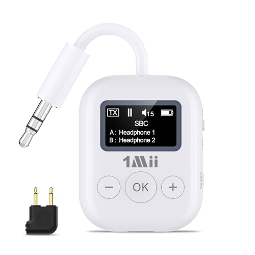 1Mii SafeFly Min Airplane Bluetooth Adapter for 2 AirPods or Headphones | aptX Adaptive & HD Hi-Fi Sound, Display Screen, 25H Battery, 3.5mm AUX Wireless Audio Transmitter for Flight Travel, TVs, Gym