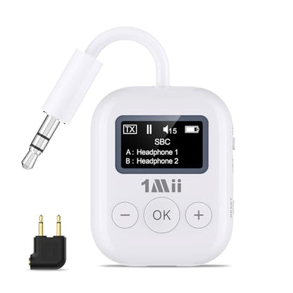 1Mii SafeFly Min Airplane Bluetooth Adapter for 2 AirPods or Headphones | aptX Adaptive & HD Hi-Fi Sound, Display Screen, 25H Battery, 3.5mm AUX Wireless Audio Transmitter for Flight Travel, TVs, Gym