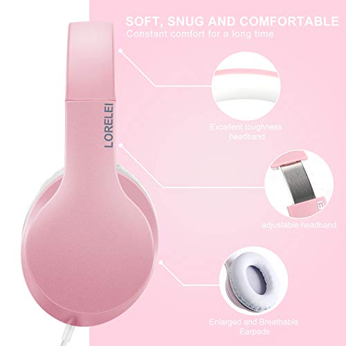 LORELEI X6 Over-Ear Headphones with Microphone, Lightweight Foldable & Portable Stereo Bass Headphones with 1.45M No-Tangle, Wired Headphones for Smartphone Tablet MP3 / 4 (Pearl Pink) - color: Pearl Pink