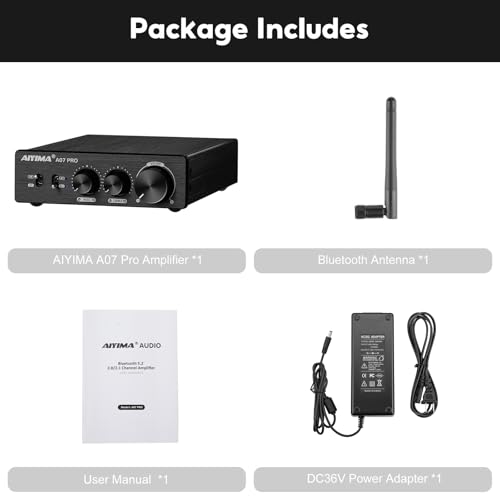 AIYIMA A07 Pro TPA3255 Stereo Amplifier Bluetooth 5.2 300Wx2 HiFi Class D Amp 2.0/2.1 Channel Audio Power Amp for Home Audio Speaker with Bass Treble knobs& 3.5mm Line Output,Supports 24-48V | Desktop Receiver with Bass/Treble Tone Controls.Class D Integr