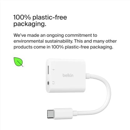 Belkin Rockstar 3.5mm Audio Adapter with USB-C Charge, White | Headphone jack plus USB-C charging pass-through, compatible with iPad Pro, Galaxy, Pixel, LG, Sony Xperia, OnePlus - color: White, size: USB-C, style: 3.5MM AUX Audio + USB-C Charge
