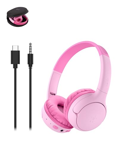 Belkin SoundForm Mini 2 Bluetooth Kids Headphones, On Ear, 55H Battery Life | Toddler headphones, 85dB Volume Limit, Built-in Mic, Wired Connection Option, iPad, Android Tablet, School, Travel - color: Pink