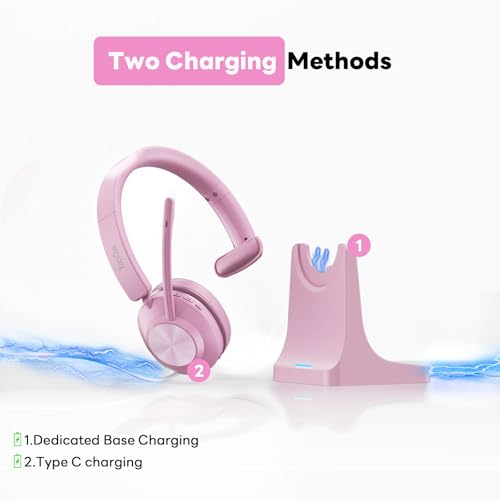 Bluetooth Headset, Wireless Headset with Mic for Work, Bluetooth 5.3, Wireless Headphones with AI Noise Cancelling Microphone (Clear Calls & Mic Mute), USB Dongle, for Computer/PC(Pink) - color: Pink