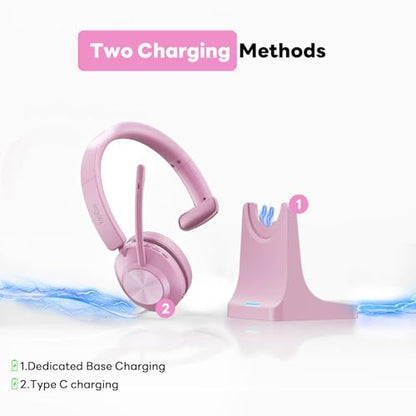 Bluetooth Headset, Wireless Headset with Mic for Work, Bluetooth 5.3, Wireless Headphones with AI Noise Cancelling Microphone (Clear Calls & Mic Mute), USB Dongle, for Computer/PC(Pink) - color: Pink
