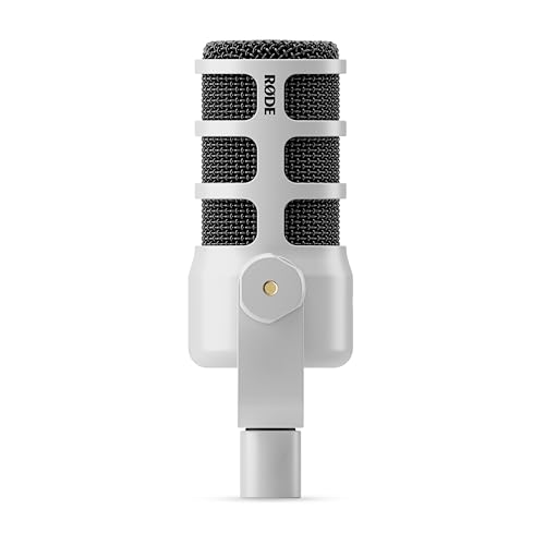Rode PodMic White Dynamic Broadcast Mic (Pair) Two-Host Podcast Bundle with 2X On-Stage MS7701B Tripods, 2X Cans50 Headphones, and 2X 20-Foot XLR — Cardioid XLR for Podcasting, Streaming, Interviews
