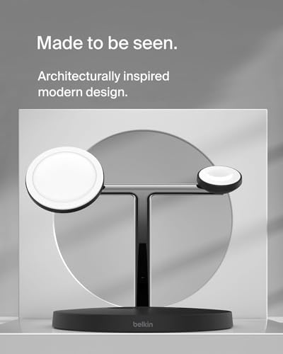 Belkin MagSafe 3 in 1 Wireless Charging Stand, 2nd Gen, 33% Faster | Apple Watch, iPhone 16/15/14, AirPods compatible, multi-device charging station, faster charging, Magnetic - color: Black, style: Chrome Finish