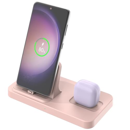 2 in 1 Charging Station for Multiple Devices, Charger Dock for iPhone 17/16/15 Series with Type-C Interface and Samsung Galaxy S25 Ultra/S25/S24+/Note20/A55/A35/Z Fold/Z Flip and Earbuds, Pink - color: PINK