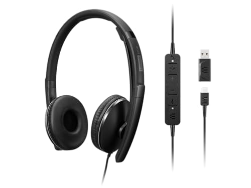 Lenovo Wired ANC Headset Gen 2 (Teams) with Active Noise Cancellation, EPOS BrainAdapt & ActiveGard Tech, Lightweight, USB-C, Plug-and-Play, Zoom Certified, Customizable, Hearing Protection | Includes USB-A converter, travel pouch and 2 year warranty for