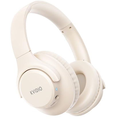 KVIDIO Bluetooth Headphones Wireless Over Ear Headsets 65H Playtime | Deep Bass, HiFi Stereo, Bluetooth 6.0, Microphone, Comfortable Fit, Foldable, Lightweight, Low Latency for Travel Home Office - color: Beige