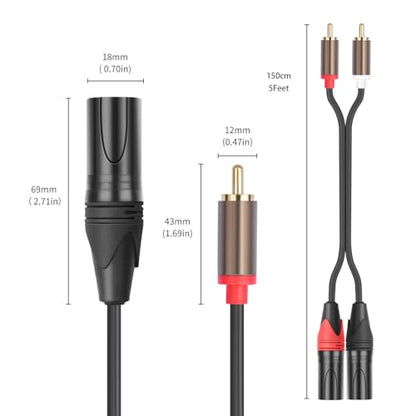 RCA to XLR HiFi Audio Cable 5 Feet, 2 RCA Male to 2 XLR Male, Black with Red/Black Tail, 4N OFC Wire and Gold-Plated Conductors for Amplifier, Mixer, Microphone - size: 5FT, style: 2 RCA Male to 2 XLR Male