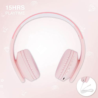 PowerLocus Bluetooth Headphones for Kids, Wireless Foldable Headphones Over Ear, Headphone with Microphone, 85DB Volume Limit, Wireless and Wired Headset with Micro SD, FM for Cellphones, Tablets, PC - color: Pink