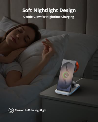 JoyGeek 3 in 1 Wireless Charging Station for Samsung&Android, Charger Stand for S26/S25/S24/S23/S22/S21/S20/Note20/Z Fold&Flip Series, Galaxy Watch8/7/6/5/4/3/Active2/1, Buds 3 Pro - color: White