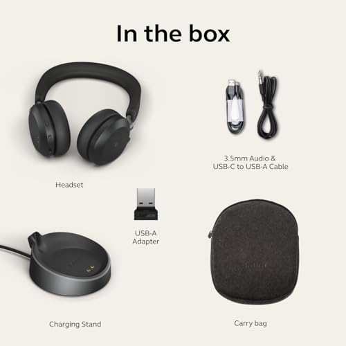Jabra Evolve2 75 PC Wireless Headset with Charging Stand and 8-Mic Technology - Dual Foam Stereo Headphones with Advanced Active Noise Cancelling, USB-A Bluetooth Adapter and UC Compatibility - Black - size: USB-A Dongle, style: All Platforms