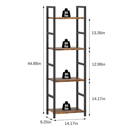4 Tier Bookshelf, Narrow Storage Organizer for Small Space, Brown | Heavy-duty steel frame, 4 open shelves, Anti-slip feet, Easy assembly, Industrial Storage for Living room, Bedroom - size: 4 Tier