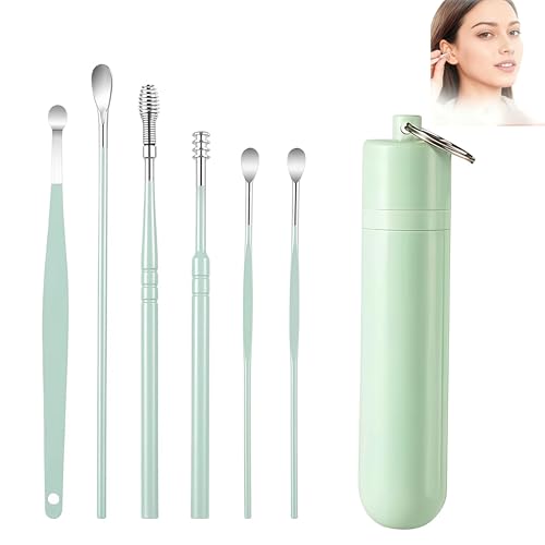6 Pcs Ear Wax Removal Tool Set with Storage Tube, 2026 Ear Wax Removal Tool Ear Cleaning Kit, Portable Ear Pick Earwax Removal Tool Ear Cleaning Kit with Storage Box (Green) - color: Green