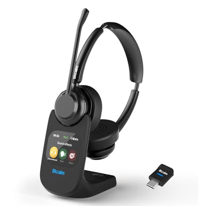 Work from Home Headset, Wireless Mic Headset for Office Noise Cancel Calls | One-Touch Mic Mute & 2.4G USB Dongle, Touch Screen Smart Dock, Work with Teams, Zoom & PC
