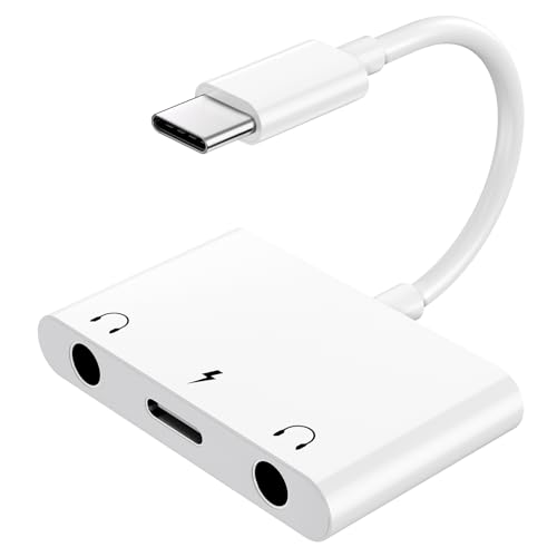 UWECAN USB C to 3.5mm Audio Adapter, 3 in 1 Aux to USB C Headphone Splitter Dual 3.5mm Audio Jack and PD 60W Fast Charging, Compatible for iPhone 15 16,Galaxy S22 S21/Note 20,Pixel 4 3 XL,Huawei,etc - color: White