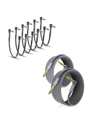 RUXELY 2Pack Right Angle 90 Degree 6.35mm TRS Instrument Cable and 6-Pack Guitar Patch Cables for Electric Guitar,Bass,Keyboard,Mixer,Amplifier/AMP,Speaker,Equalizer