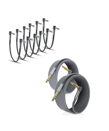 RUXELY 2Pack Right Angle 90 Degree 6.35mm TRS Instrument Cable and 6-Pack Guitar Patch Cables for Electric Guitar,Bass,Keyboard,Mixer,Amplifier/AMP,Speaker,Equalizer