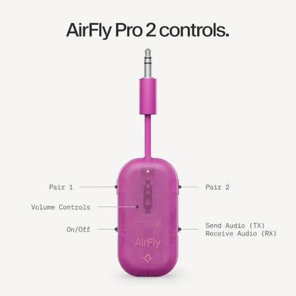 Twelve South AirFly Pro 2, Bluetooth Adapter, Pair 2 AirPods, Fuchsia Ice | Pair 2 AirPods or Wireless Headphones – 3.5mm AUX Bluetooth Transmitter and Receiver for Cars, Boats, Treadmills, TVs & More - color: Fuchsia Ice, style: AirFly Pro 2