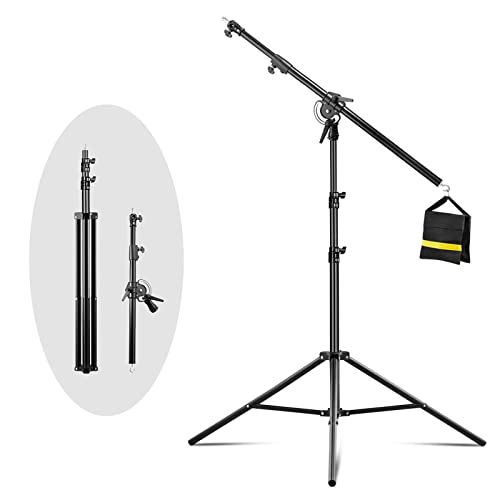 Heavy Duty Light Stand with Boom Arm, 10ft/300cm Metal Adjustable Air-Cushioned Tripod Stand, 5.2ft/158cm Holding Arm and Sandbag for Photography Studio Outdoor Monolight Softbox Reflector