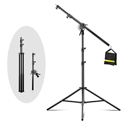 Heavy Duty Light Stand with Boom Arm, 10ft/300cm Metal Adjustable Air-Cushioned Tripod Stand, 5.2ft/158cm Holding Arm and Sandbag for Photography Studio Outdoor Monolight Softbox Reflector