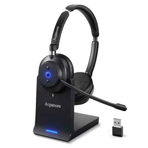 Wireless Headset with Mic for Work, Clear Sound ＆ Comfortable ＆ Stable Connection, Bluetooth Headset for Computer, Wireless Headset with Charging Base & USB Dongle for Office & Call Center
