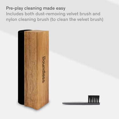 Record Cleaner Brush - Curved Velvet Vinyl Brush | Acacia Wood Handle - Lifts Groove Dust Dry or Wet - Record Player Accessories for Pre-Play Record & Vinyl Cleaning