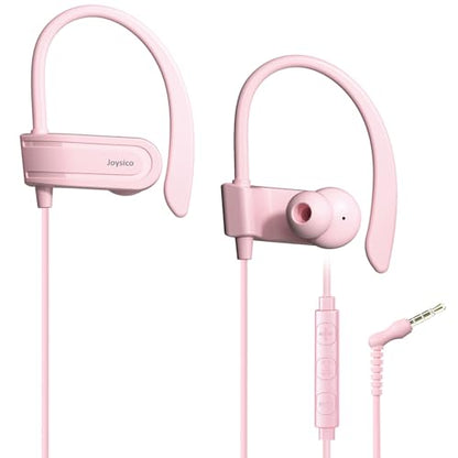 Joysico Wired Over Ear Earbuds Headphones with Mic and Volume Control Pink | Wrap Around Ear Hook Secure Fit, Earphone Case, Sport Running Exercise Gym Workout Sweatproof, For Cellphones Laptops Tablets