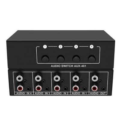 4 in 1 Out RCA Audio Switcher 3.5mm Aux Stereo Audio Switch Box 4 Channel Passive Audio Selector RCA Splitter Box Bi‑Directional Audio Converter for DVD Player Game Console Headphone Home Theater