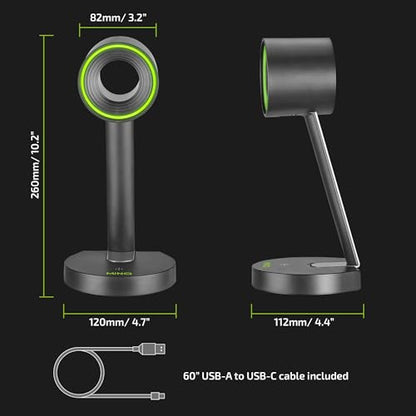 MINQ RGB Ring Shape Headphones Stand for Desk - Wireless Phone Charger Stand - Gamer Headset Stand, Airpod Max Stand - USB, USB C Charging & Aux - Perfect Gaming Accessories - Black