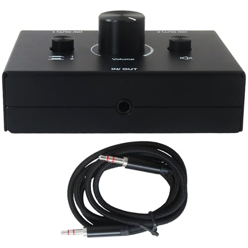 3.5mm Stereo Audio Switch 2-Way 3.5mm Switcher Manual Selector Audio Splitter Box 1 in 2 Out/2 in one Out Audio Sharing with One-Key Mute Button Volume Control