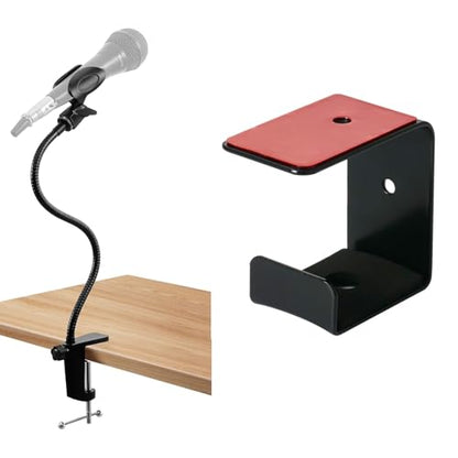 Microphone Holder & Headphone Hanger for Desk, Podium Gooseneck Mic Stand and Aluminum Headset Mount with Adapter Clamp