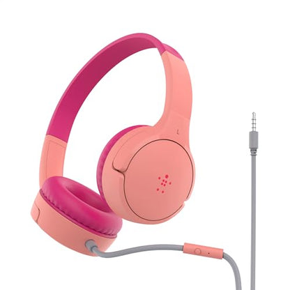 Belkin SoundForm Mini Wired Kids Headphones, On Ear, 3.5mm | Toddler headphones, built-in mic, 85dB safe volume limit, durable design, online learning, classroom, travel - color: Pink, style: Wired