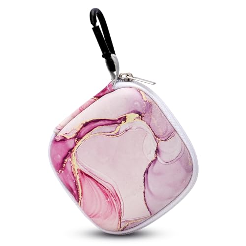 Unique Patterned Portable EVA Earbud Case with Carabiner | Printed Earbud Holder With Sturdy Carabiner, Multi-Use Storage For Earphones, Headphones, SD Cards & Small Electronic Chips - color: pink marble