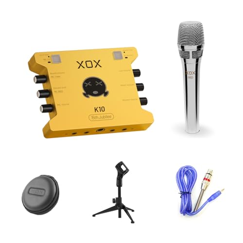 XOX K10 set live streaming audio interface,live sound card,audio mixer with wired microphone,monitor earphone and metal desktop microphone stand. (K10 S1 SET)