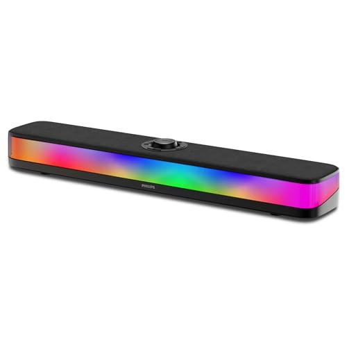 PHILIPS PC Sound Bar, Computer Speakers for Desktop, Bluetooth 5.4 Soundbar with Built-in Microphone, Clear Audio, RGB Lights with Volume Knob, USB Playback, for Laptop, Monitor, Gaming Setup