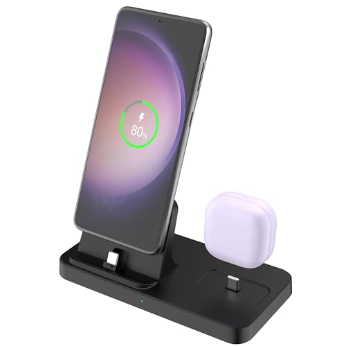 2 in 1 Charging Station for Multiple Devices, Charger Dock for iPhone 17/16/15 Series with Type-C Interface and Samsung Galaxy S25 Ultra/S25/S24/Note20/A55/A35/Z Fold/Z Flip and Earbuds, Black - color: BLACK