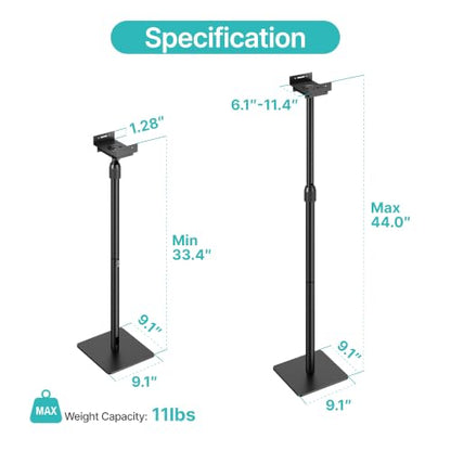 Height-Adjustable Speaker Stands Pair, Black | Height Adjustable from 33.4" to 44", 11LBS Capacity, Surround Sound Speaker Stands, Cable Management, 1 Pair