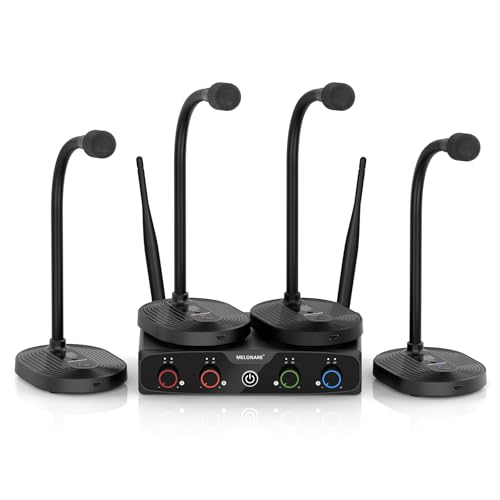 MELONARE 4-Channel Wireless Conference Microphone System MWM-41-4G | 4 gooseneck mics, 4 x 10 frequencies, 200 ft range, UHF cordless setup for lecture, church, conference and public speaking - size: 4 Gooseneck Mics